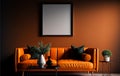 Modern living room have orange leather sofa and decoration minimal on a dark wall Royalty Free Stock Photo