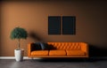 Modern living room have orange leather sofa and decoration minimal on a dark wall Royalty Free Stock Photo