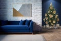 Modern living room with a horizontal poster on a brick wall, a cozy blue sofa, a carpet on a parquet floor. There is a Christmas t Royalty Free Stock Photo