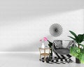 Modern living room interior with armchair decoration and green plants on hexagon white tile texture wall background,minimal design Royalty Free Stock Photo