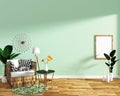 Modern living room interior with armchair decoration and green plants on mint tile texture wall background,minimal design, 3d Royalty Free Stock Photo