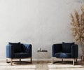 Modern living room interior background mock up, lobby concept, two dark blue stylish armchairs with gold coffee table on wooden