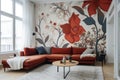 Modern living room interior, beautiful floral mural, flowers on wall Royalty Free Stock Photo