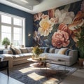 Modern living room interior, beautiful floral mural, flowers on wall Royalty Free Stock Photo