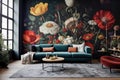 Modern living room interior, beautiful floral mural, flowers on wall Royalty Free Stock Photo