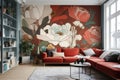 Modern living room interior, beautiful floral mural, flowers on wall Royalty Free Stock Photo