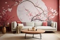 Modern living room interior, beautiful floral mural, flowers on wall Royalty Free Stock Photo