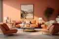 Modern living room interior in beige and apricot crush color.