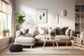 Modern living room interior with beige sofa, coffee table, plants and posters mockup. AI Generative