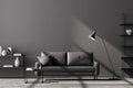 Modern living room interior, black wall. Dark grey 2 sitter sofa with cushion, coffee table, shelves and lamp. Concrete floor
