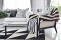 Modern living room interior with black and white checked pattern pillows and carpet Royalty Free Stock Photo
