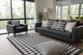 Modern living room interior with black and white checked pattern pillows and carpet Royalty Free Stock Photo