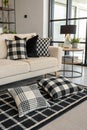 Modern living room interior with black and white checked pattern pillows and carpet Royalty Free Stock Photo