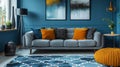 Modern living room interior with blue walls and contrasting color accents Royalty Free Stock Photo