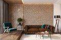 Modern living room interior with brick wall blank wall, leather brown sofa, green lounge chair, table, wooden wall