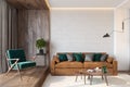 Modern living room interior with brick wall blank wall, sofa, lounge chair, table, wooden wall and floor. Royalty Free Stock Photo