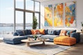 Modern living room interior with bright tones and a rich palette of light colors Royalty Free Stock Photo