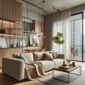 Modern living room interior with cozy beige couch, modern minimalist design of apartment