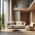 Modern living room interior with cozy beige couch, modern minimalist design of apartment