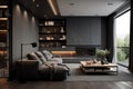 Modern living room interior, dark gray home design with marble walls