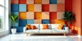 Modern living room interior design with colorful geometric wall decor and comfortable sofa. Generative AI Royalty Free Stock Photo