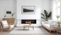 The modern living room interior design features a wooden cabinet, an art poster, and two white sofas