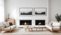 The modern living room interior design features a wooden cabinet, an art poster, and two white sofas