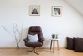 Modern living room, interior design, leather armchair, quince br Royalty Free Stock Photo