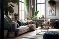 Modern living room interior design with sofa, armchair and plants. 3D rendering Royalty Free Stock Photo