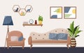 Modern living room interior design. A sofa and an armchair, shelves for accessories and flowers, a floor lamp and potted