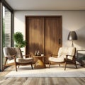 Modern living room interior with door and armchairs 3d rendering Royalty Free Stock Photo