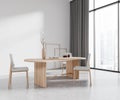 White living room interior with wooden table and three armchairs, side view panoramic window on skyscrapers. Curtains and mock up Royalty Free Stock Photo