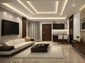 Modern living room interior with elegant sofa, LED ceiling lights, and kitchenette Royalty Free Stock Photo