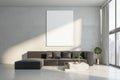 Modern living room interior with empty white mock up poster on concrete wall, big couch, other pieces of furniture, curtain, Royalty Free Stock Photo