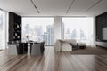 Modern living room interior with furniture, wooden floor, and cityscape view through large windows, spacious and bright concept. Royalty Free Stock Photo