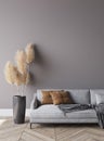 Modern living room interior, gray sofa on dark empty wall mockup, panorama Royalty Free Stock Photo