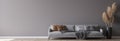 Modern living room interior, gray sofa on dark empty wall mockup, panorama Royalty Free Stock Photo