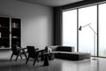 Modern living room interior with grey concrete floor and big window. Mock up empty copy space wall. Concept of contemporary design Royalty Free Stock Photo