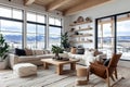 Modern Living Room Interior With Large Windows, Mountain View, Cozy Furniture, And Natural Light.