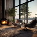 modern living room interior with large windows overlooking the forest, with a fireplace and a comfortable sofa. Eco house,