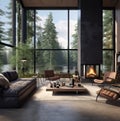 modern living room interior with large windows overlooking the forest, with a fireplace and a comfortable sofa. Eco house,