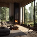 modern living room interior with large windows overlooking the forest, with a fireplace and a comfortable sofa. Eco house,