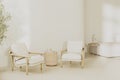 Modern living room interior in light beige tones with 2 armchairs and table, empty wall with sunlight, 3d Royalty Free Stock Photo