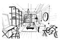 Modern living room interior in loft style. Hand drawn sketch illustration. Royalty Free Stock Photo