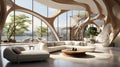 Modern living room interior in luxury house. Imitation of wildlife in elements of architecture. Curved sofas, round