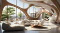 Modern living room interior in luxury house. Imitation of wildlife in elements of architecture. Curved sofas, round