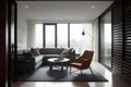 Modern living room interior with minimalist furniture, large windows, and neutral color palette Royalty Free Stock Photo