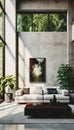 Modern living room interior in minimalist style, big windows, many green plants