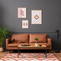 Modern living room interior with mock up poster frame, brown sofa, wooden coffee table, patterned rug, round clock, plants, beige