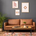 Modern living room interior with mock up poster frame, brown sofa, wooden coffee table, patterned rug, round clock, plants, beige